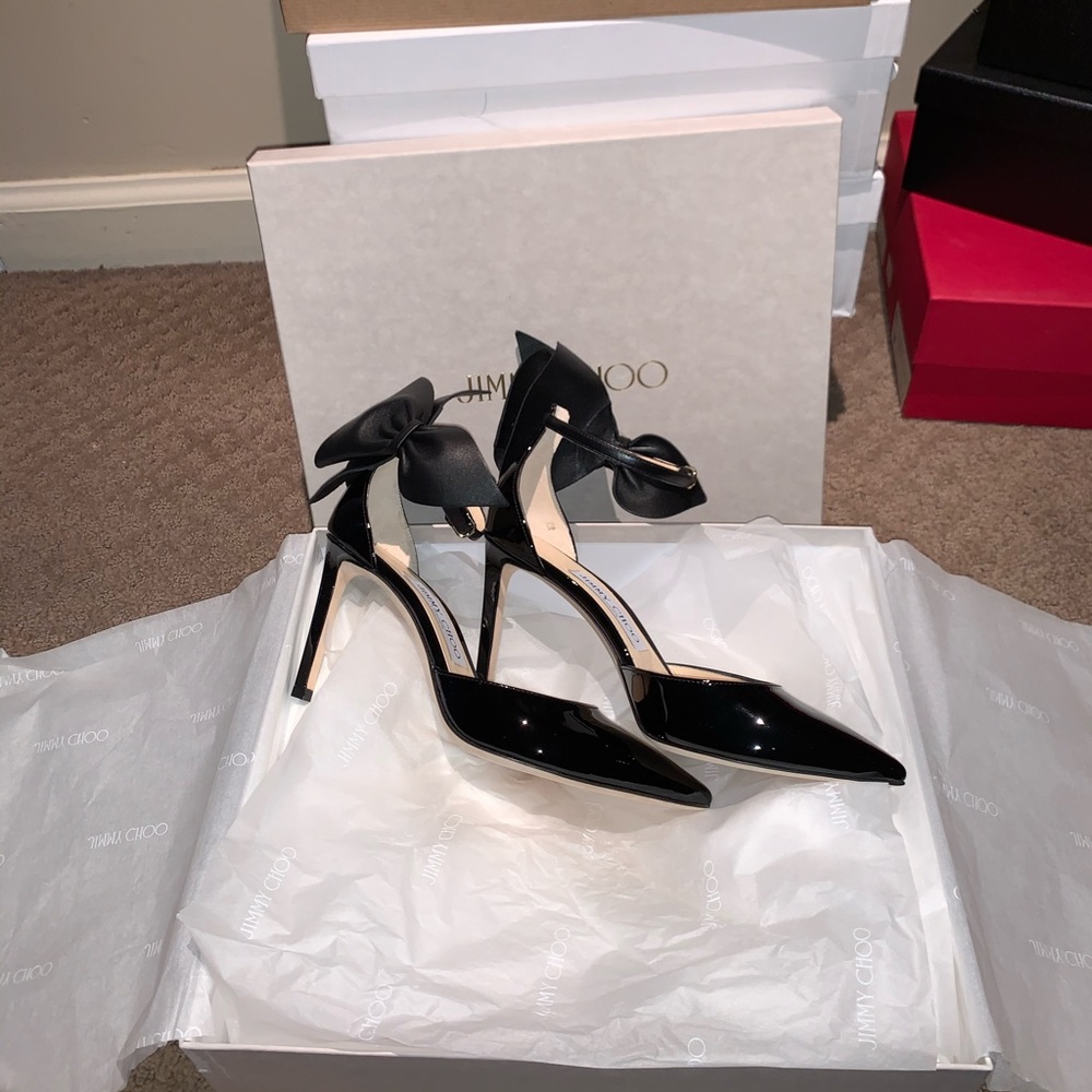 Jimmy Choo Black Patent Leather Pointed Bow Ankle-Strap Heels